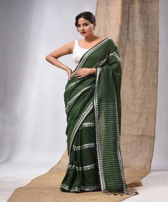 Moss Green Cotton Handwoven Saree With Stripes Pallu 1