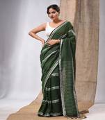 Moss Green Cotton Handwoven Saree With Stripes Pallu