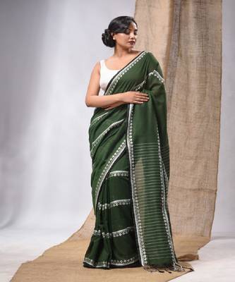 Moss Green Cotton Handwoven Saree With Stripes Pallu 2
