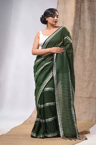 Moss Green Cotton Handwoven Saree With Stripes Pallu