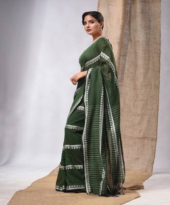 Moss Green Cotton Handwoven Saree With Stripes Pallu 3