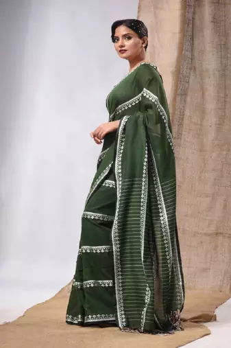 Moss Green Cotton Handwoven Saree With Stripes Pallu