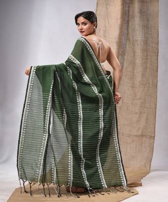 Moss Green Cotton Handwoven Saree With Stripes Pallu 4