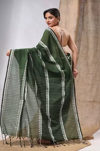 Moss Green Cotton Handwoven Saree With Stripes Pallu