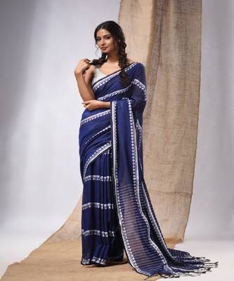 Blue Cotton Handwoven Saree With Stripes Pallu 1