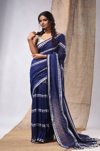 Blue Cotton Handwoven Saree With Stripes Pallu