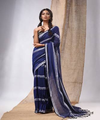 Blue Cotton Handwoven Saree With Stripes Pallu 2