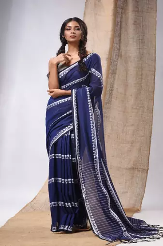 Blue Cotton Handwoven Saree With Stripes Pallu