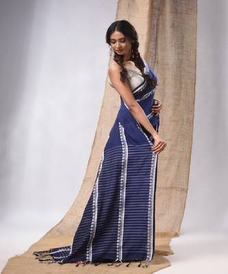 Blue Cotton Handwoven Saree With Stripes Pallu 3
