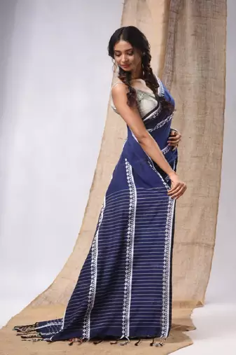 Blue Cotton Handwoven Saree With Stripes Pallu