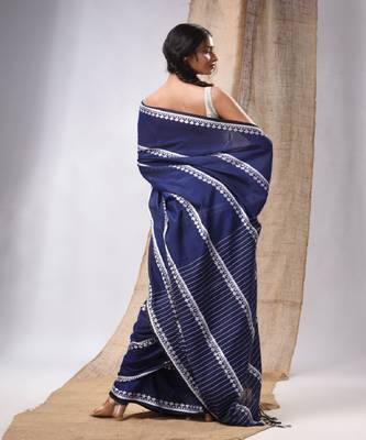 Blue Cotton Handwoven Saree With Stripes Pallu 4