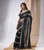 Black Cotton Handwoven Saree With Stripes Pallu