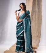 Teal Cotton Handwoven Saree With Stripes Pallu