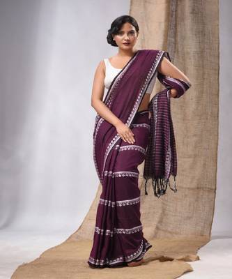 Purple Cotton Handwoven Saree With Stripes Pallu 1