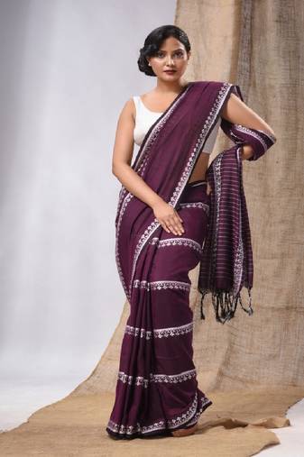 Purple Cotton Handwoven Saree With Stripes Pallu