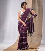 Purple Cotton Handwoven Saree With Stripes Pallu