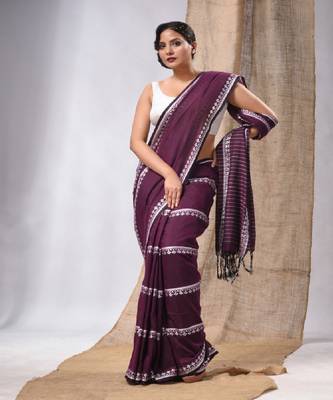 Purple Cotton Handwoven Saree With Stripes Pallu 2