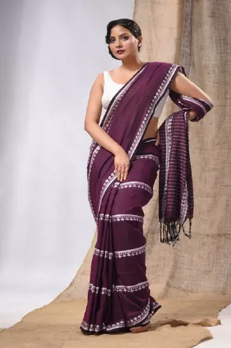 Purple Cotton Handwoven Saree With Stripes Pallu