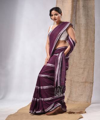 Purple Cotton Handwoven Saree With Stripes Pallu 3