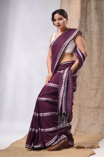 Purple Cotton Handwoven Saree With Stripes Pallu