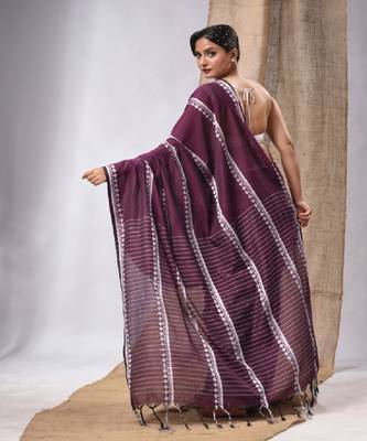 Purple Cotton Handwoven Saree With Stripes Pallu 4