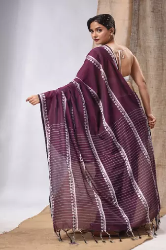 Purple Cotton Handwoven Saree With Stripes Pallu