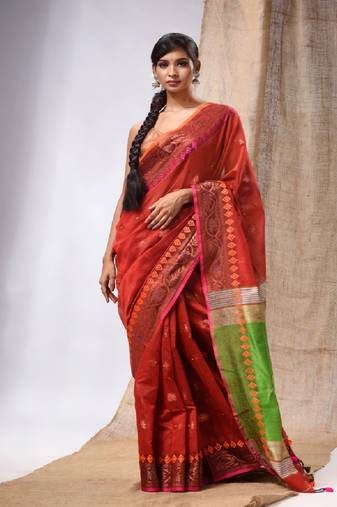 Red Cotton Silk Handwoven Saree With Foral Borders