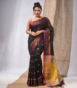 Black Cotton Silk Handwoven Saree With Foral Borders