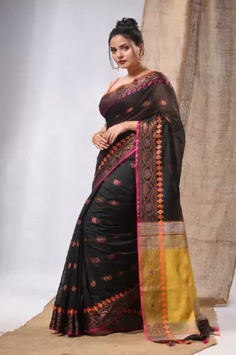 Black Cotton Silk Handwoven Saree With Foral Borders