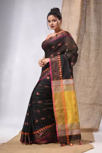 Black Cotton Silk Handwoven Saree With Foral Borders