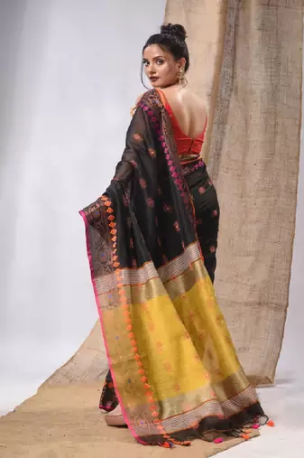 Black Cotton Silk Handwoven Saree With Foral Borders