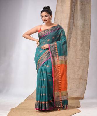 Teal Cotton Silk Handwoven Saree With Foral Borders 1