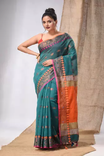 Teal Cotton Silk Handwoven Saree With Foral Borders