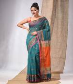 Teal Cotton Silk Handwoven Saree With Foral Borders