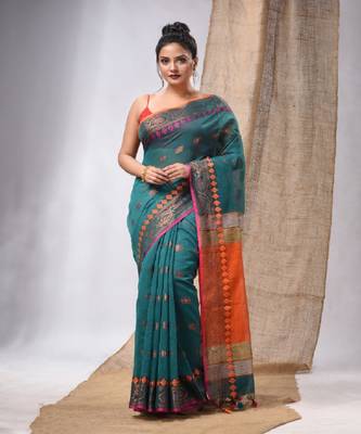 Teal Cotton Silk Handwoven Saree With Foral Borders 2