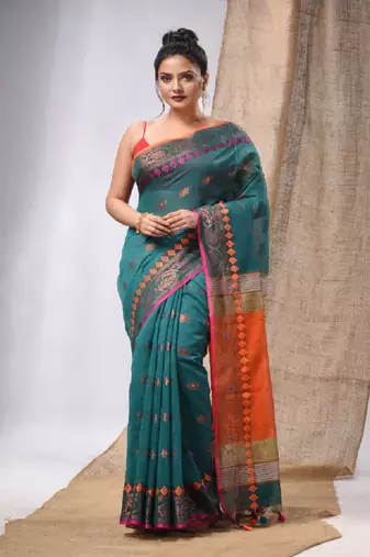 Teal Cotton Silk Handwoven Saree With Foral Borders