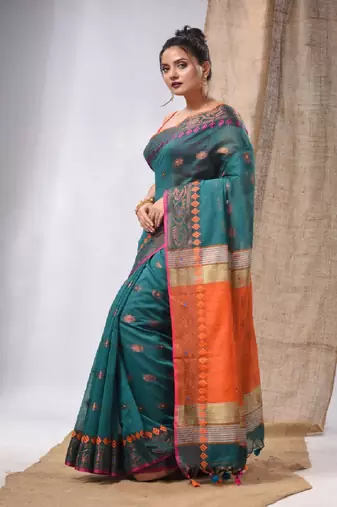 Teal Cotton Silk Handwoven Saree With Foral Borders