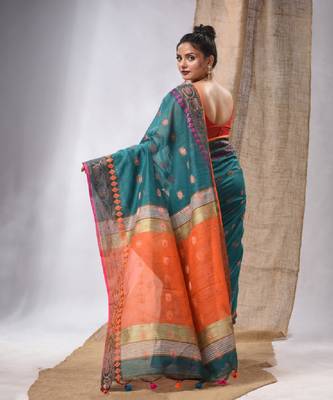 Teal Cotton Silk Handwoven Saree With Foral Borders 4