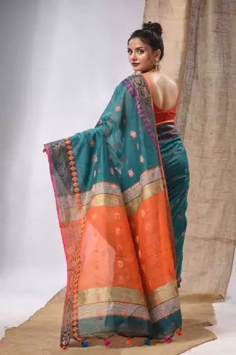 Teal Cotton Silk Handwoven Saree With Foral Borders