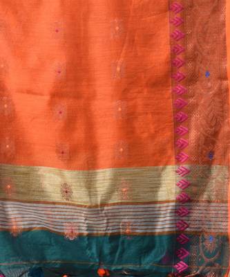Teal Cotton Silk Handwoven Saree With Foral Borders 5