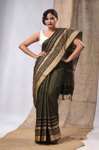 Mahendi Green Cotton Silk Handwoven Saree With Texture Borders