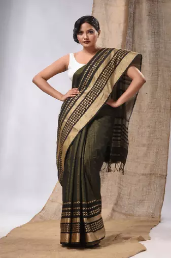 Mahendi Green Cotton Silk Handwoven Saree With Texture Borders