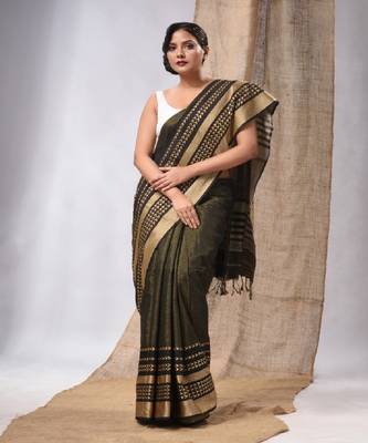 Mahendi Green Cotton Silk Handwoven Saree With Texture Borders 2