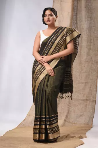 Mahendi Green Cotton Silk Handwoven Saree With Texture Borders