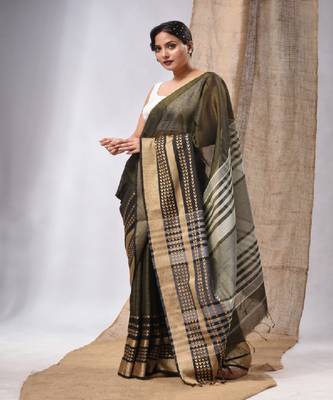 Mahendi Green Cotton Silk Handwoven Saree With Texture Borders 3