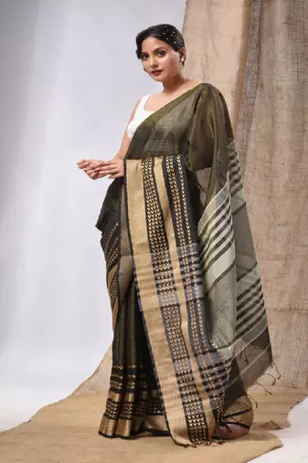 Mahendi Green Cotton Silk Handwoven Saree With Texture Borders