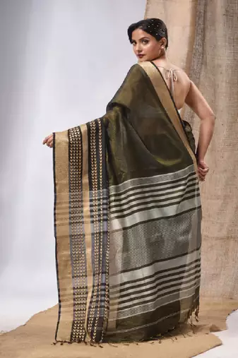 Mahendi Green Cotton Silk Handwoven Saree With Texture Borders