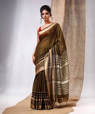 Green Cotton Silk Handwoven Saree With Texture Borders 1