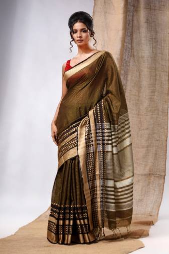 Green Cotton Silk Handwoven Saree With Texture Borders