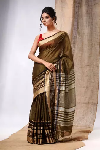 Green Cotton Silk Handwoven Saree With Texture Borders